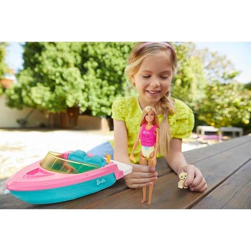 Barbie, Set de Juego Bote Acuático con Muñeca y Perrito, Lancha Flotante con Accesorios Plug-and-Play, para Niñas de 3 Años en Adelante