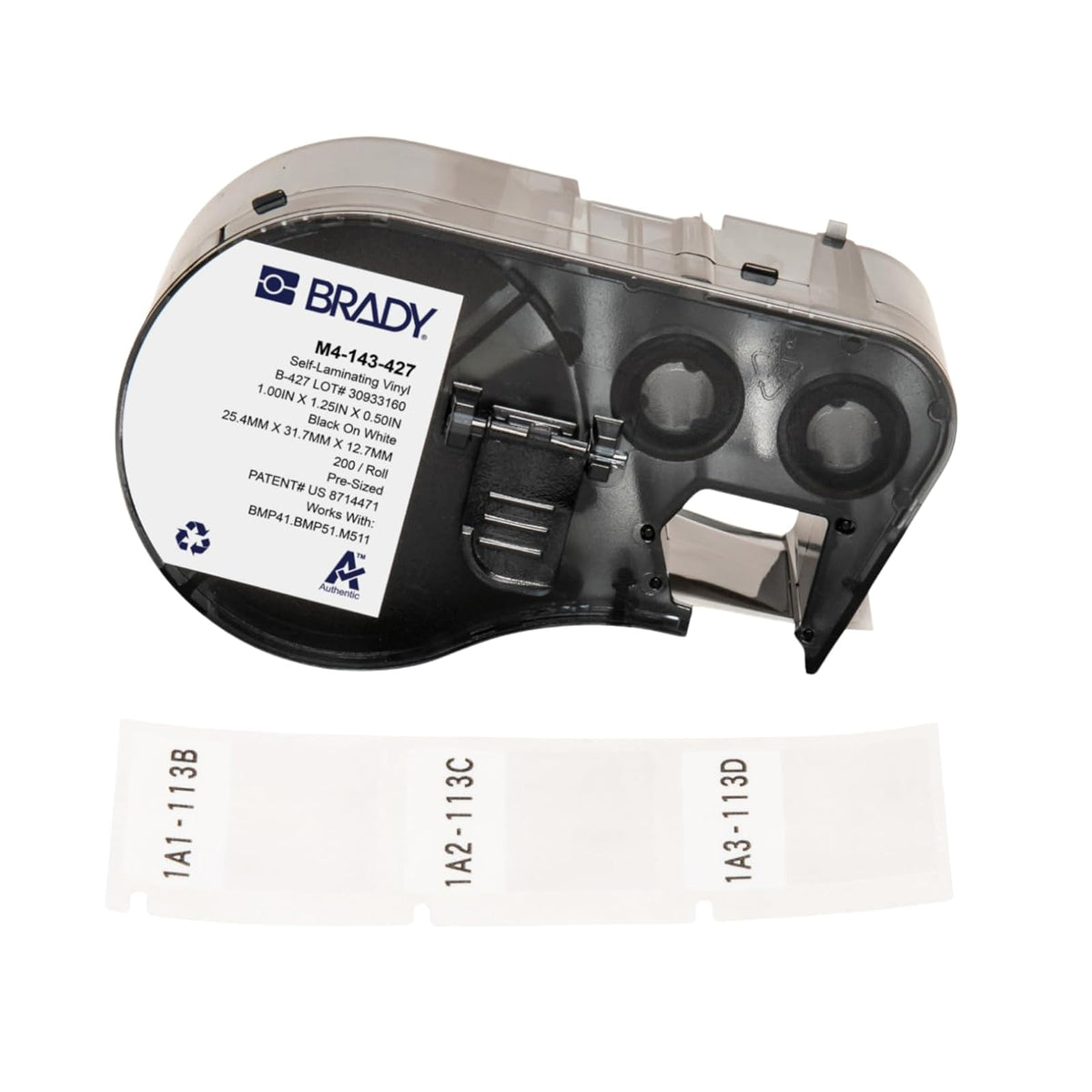Brady Authentic (M4-143-427) Etiquetas de vinilo autolaminadas alrededor de 1.25 pulgadas de alto x 1 pulgada de ancho, negro sobre blanco, transparente, 200 etiquetas. Para uso con impresoras de