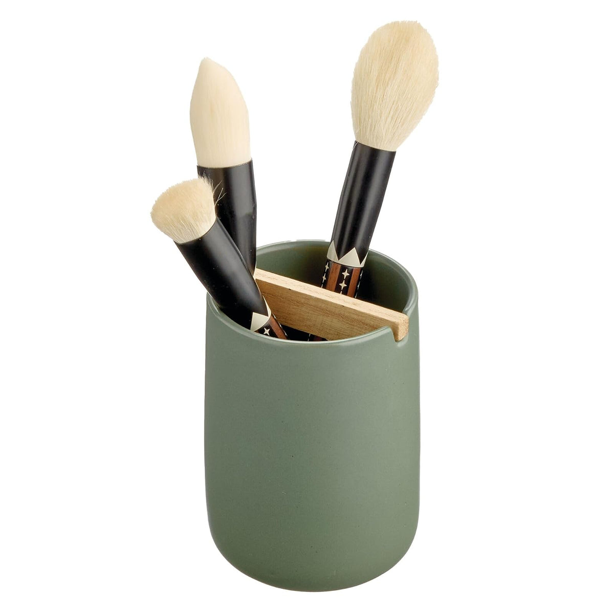iDesign Eco Vanity - Soporte para cepillos de Dientes de cerámica con Separador de Madera de Paulownia, Musgo/Natural