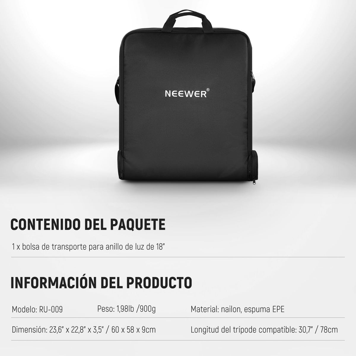 NEEWER 18" Bolsa de Transporte de Aro de Luz con Bolsa de Almacenamiento para 78cm Trípode con Soporte de Luz Plegado, 60x58cm Bolsa Protectora de Nylon Liviana para Anillo de Luz con Soporte, RU-009