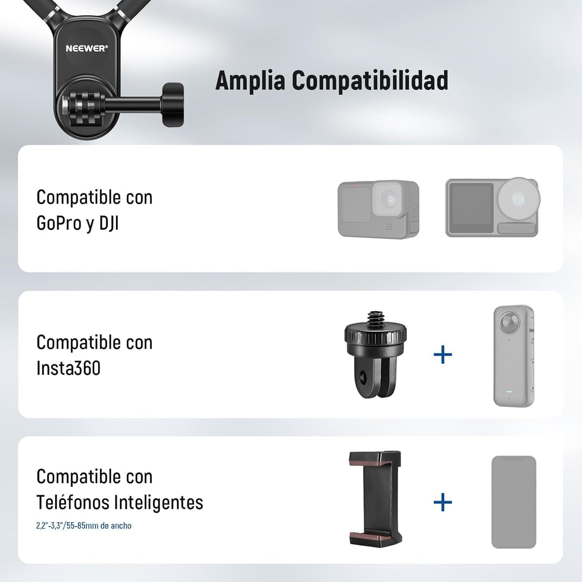 NEEWER Soporte Magnético para Cuello Cámaras Acción & Móvil, GP15 | Compatible con GoPro DJI Insta360 iPhone Samsung; Liberación Rápida; Adaptador Flexible Cámaras Acción POV & Soporte Móvil