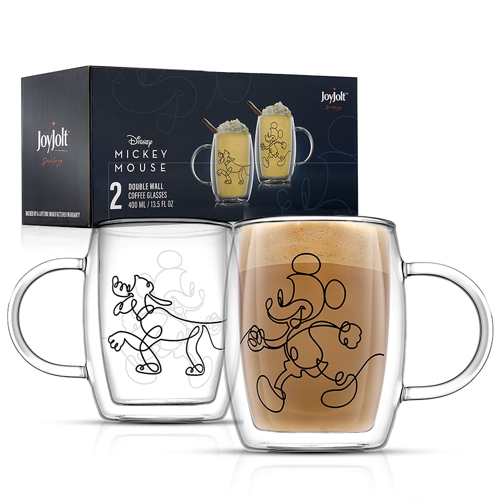 JoyJolt Aroma Disney Mickey Pluto Tazas Vidrio | Juego de 2 tazas, 13 oz, doble pared aisladas, vidrio borosilicato