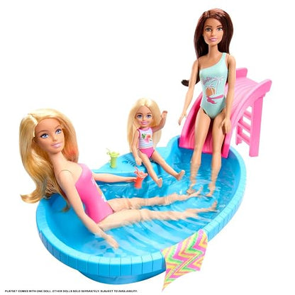 Barbie, Set de Juego Alberca Glam con Muñeca, para Niñas de 3 Años en Adelante, Mattel, Tarde de Verano Perfecta, Piscina para llenar con Agua de Verdad