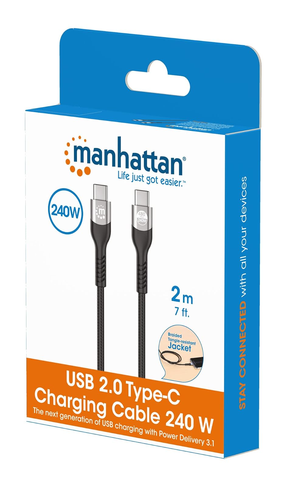 Manhattan Cable USB Tipo C a Tipo C de 2 Metros con Carga de 240 W Trenzado para Portátiles Teléfonos y Tabletas 356367