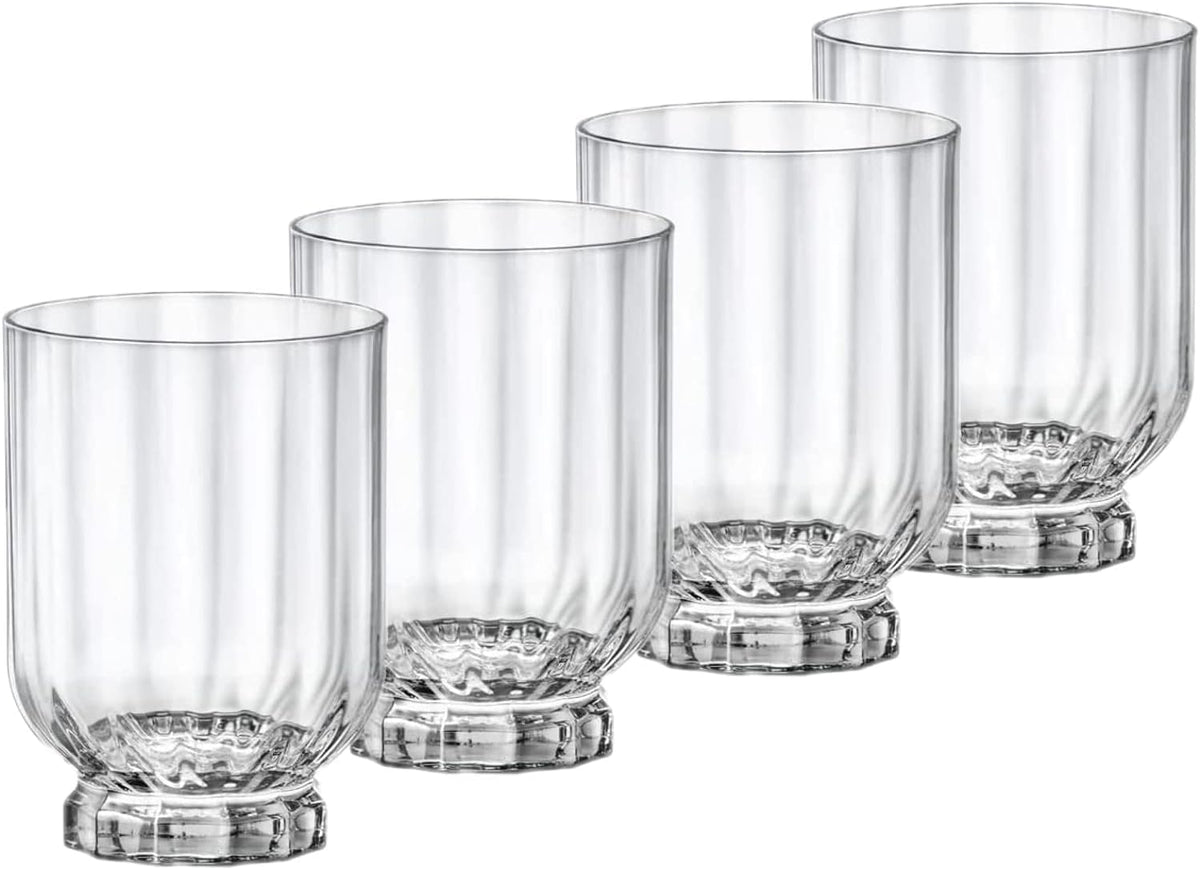 Bormioli Rocco Florian 12 oz doble anteojos DOF antiguas, transparentes, juego de 4, vasos decorativos de mesa, hecho en italia.