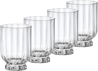 Bormioli Rocco Florian 12 oz doble anteojos DOF antiguas, transparentes, juego de 4, vasos decorativos de mesa, hecho en italia.