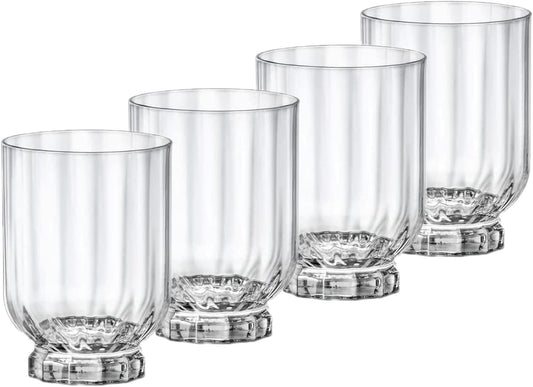 Bormioli Rocco Florian 12 oz doble anteojos DOF antiguas, transparentes, juego de 4, vasos decorativos de mesa, hecho en italia.