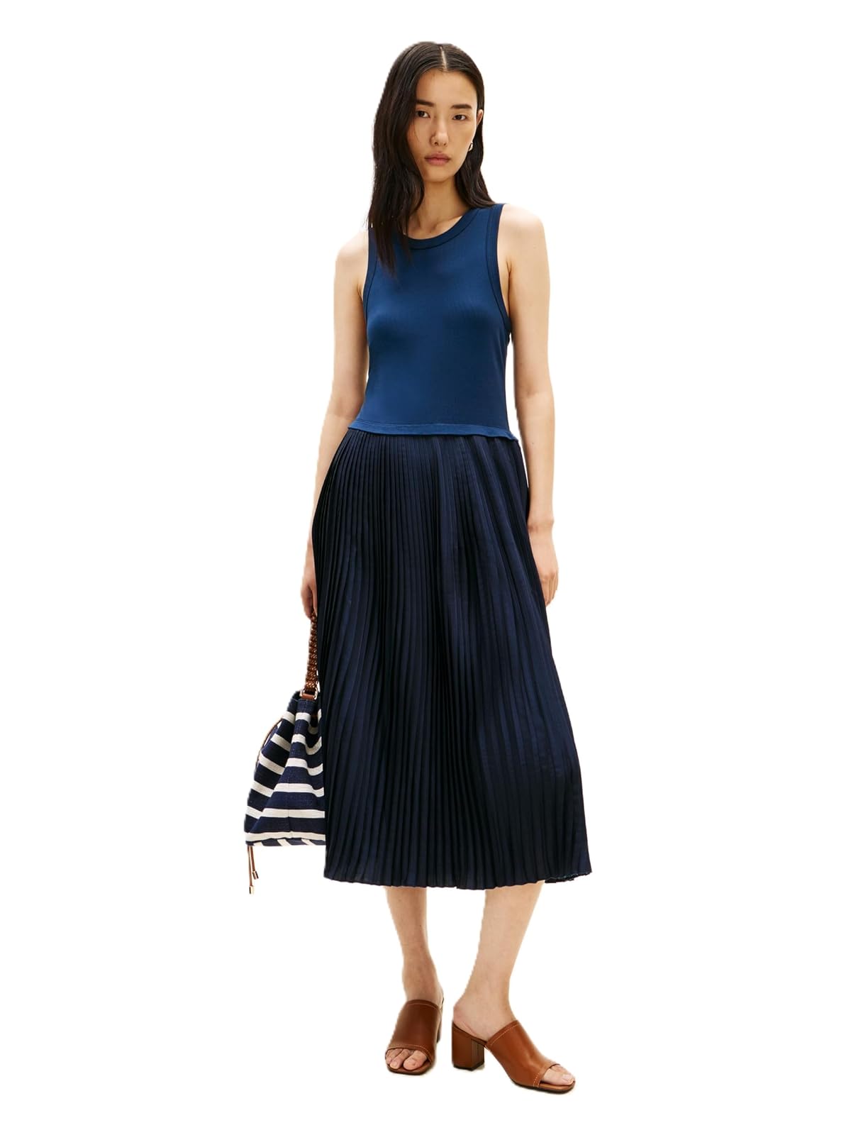 Tommy Hilfiger Mix Media Pleated SL Midi Dress Vestido Informal Mujer