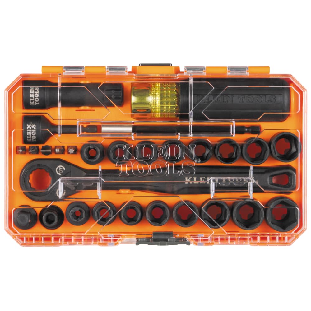 Klein Tools 65400KNECT KNECT Essential Pass Through Impact Socket Set, SAE y métrico, carraca de 90 dientes, funda MODbox, unidad de 3/8 pulgadas, 28 piezas