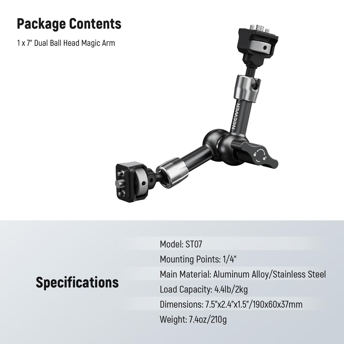 NEEWER 7" Brazo Mágico Articulado con 360° Cabezas Bola y Pines para ARRI, Montaje Monitor Cámara con Tornillos 1/4" para Cámara Acción DSLR Monitor Luz de Video Compatible con SmallRig Cage Rig,ST07