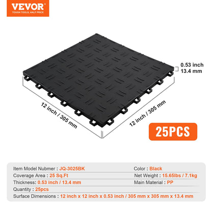 VEVOR Baldosas de Garaje Entrelazadas 25 Piezas Baldosas de PP para Suelo de Garaje 305 x 305 x 13,4 mm Textura Antideslizante de Doble Cara, para Garajes, Sótanos, Talleres de Reparación, Negro