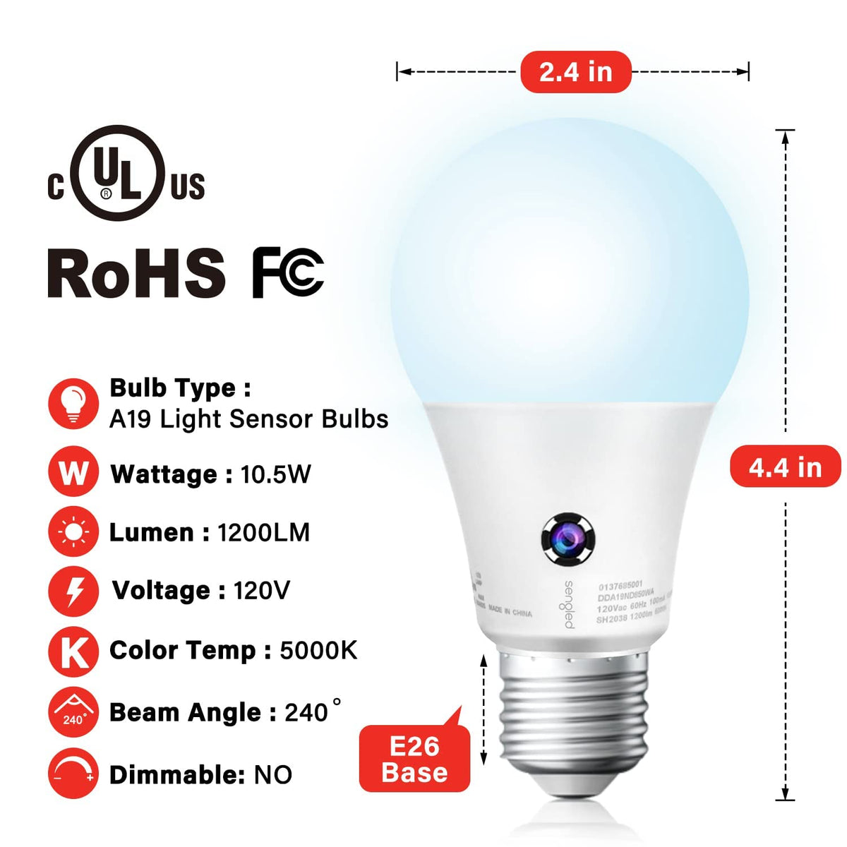 Sengled - Bombillas de luz LED A19 para exteriores, paquete de 3 bombillas con sensor LED A19, luz diurna de 5000 K, 1200 lúmenes, equivalente a 75 W, 10,5 W, base E26, bombillas de fotocélula