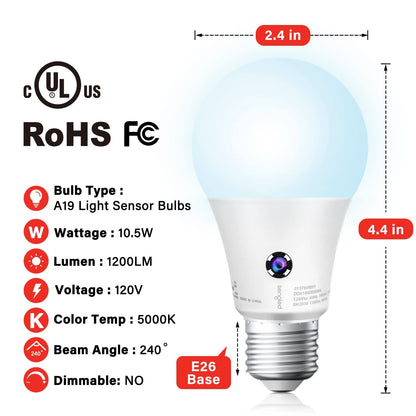 Sengled - Bombillas de luz LED A19 para exteriores, paquete de 3 bombillas con sensor LED A19, luz diurna de 5000 K, 1200 lúmenes, equivalente a 75 W, 10,5 W, base E26, bombillas de fotocélula