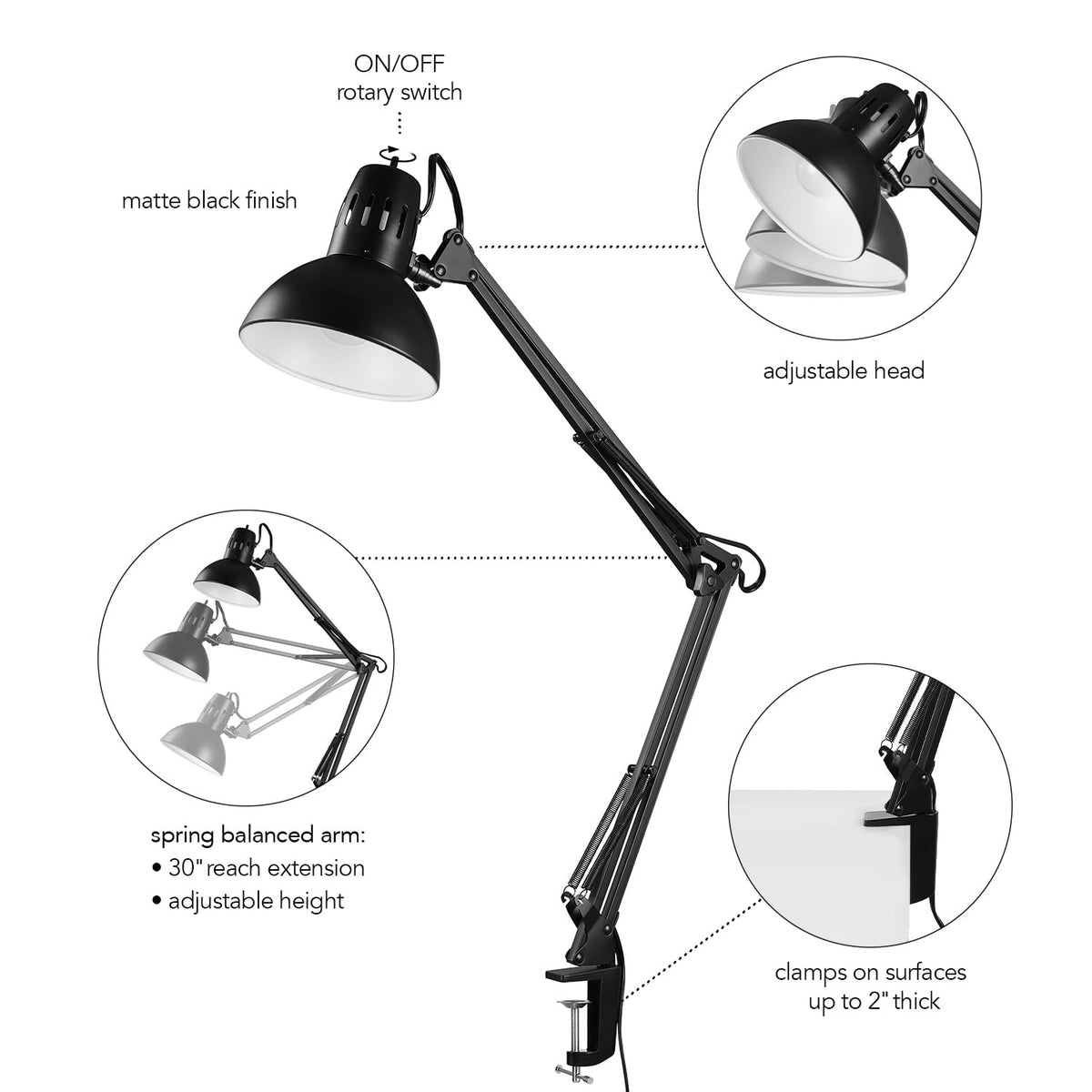 Globe Electric 56963 32 inch Swing Arm Desk Lamp with Metal Clamp, Black Finish