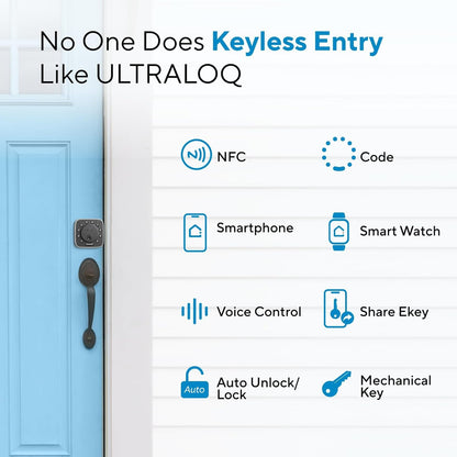 ULTRALOQ 2025 - Cerradura de puerta inteligente NFC, cerrojo WiFi integrado 6 en 1, cerradura de puerta de entrada sin llave y sensor de puerta, desbloqueo automático, resistente al agua IP65, fácil