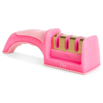 Paris Hilton Afilador de cuchillos de 3 etapas, afilador de cuchillos de cocina profesional con mango ergonómico, base antideslizante y etapas de afilado gruesas, medias y finas, color rosa