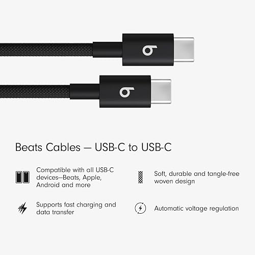 Beats Paquete de dos cables trenzados de USB-C a USB-C, carga rápida, diseño resistente que no se enreda, cargador compatible para dispositivos Apple y Android con USB-C (1.5 m) — Negro eléctrico