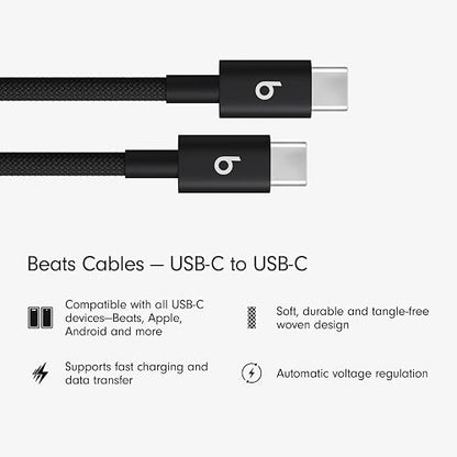 Beats Paquete de dos cables trenzados de USB-C a USB-C, carga rápida, diseño resistente que no se enreda, cargador compatible para dispositivos Apple y Android con USB-C (1.5 m) — Negro eléctrico