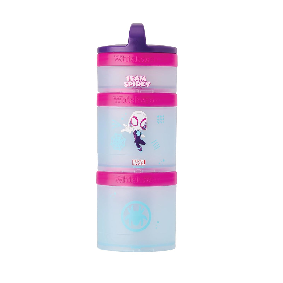 Whiskware Spider-Man Team Spidey - Recipientes apilables para bebés, niños y niños pequeños, 3 tazas apilables para aperitivos para la escuela o viajes, apto para portavasos, Gwen Stacy