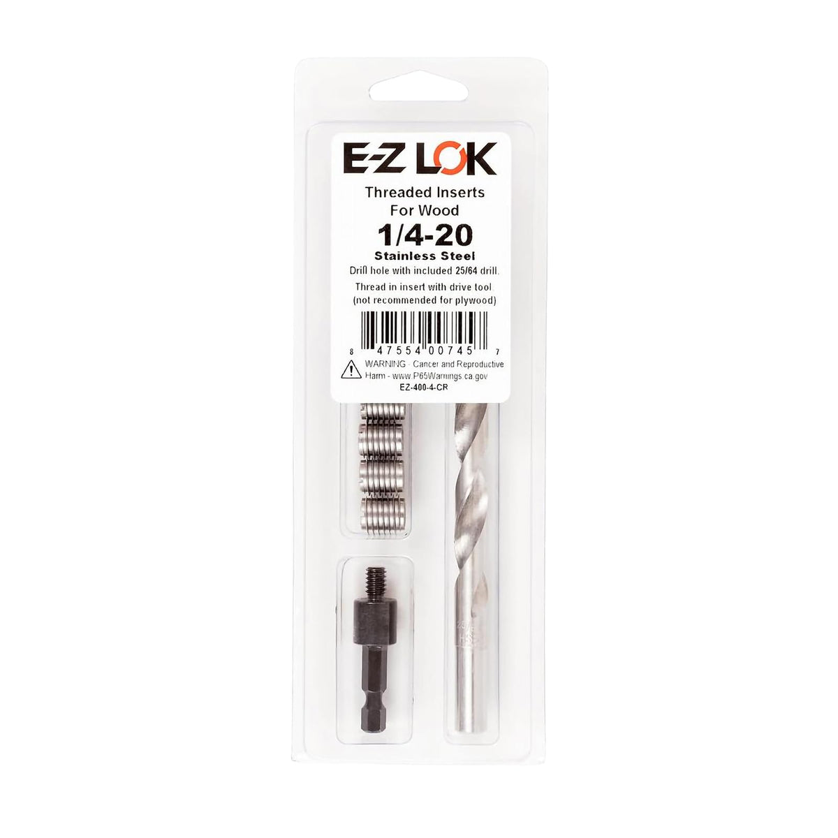E-Z LOK 400-4-CR Insertos roscados para madera, kit de instalación, acero inoxidable, incluye insertos de rosca de cuchillo 1/4-20 (6), taladro, herramienta de instalación