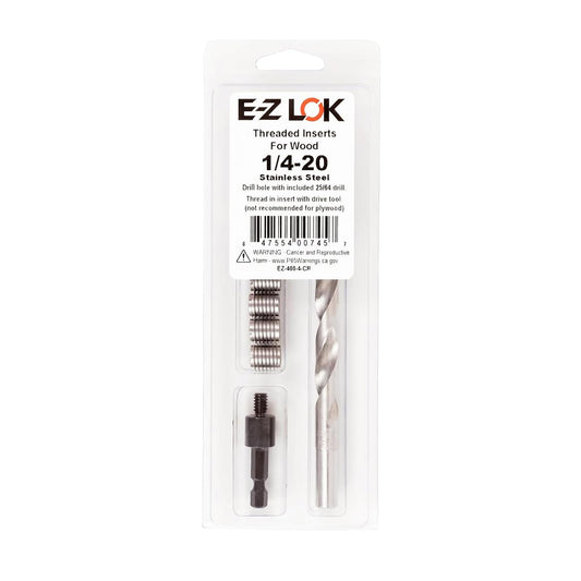 E-Z LOK 400-4-CR Insertos roscados para madera, kit de instalación, acero inoxidable, incluye insertos de rosca de cuchillo 1/4-20 (6), taladro, herramienta de instalación