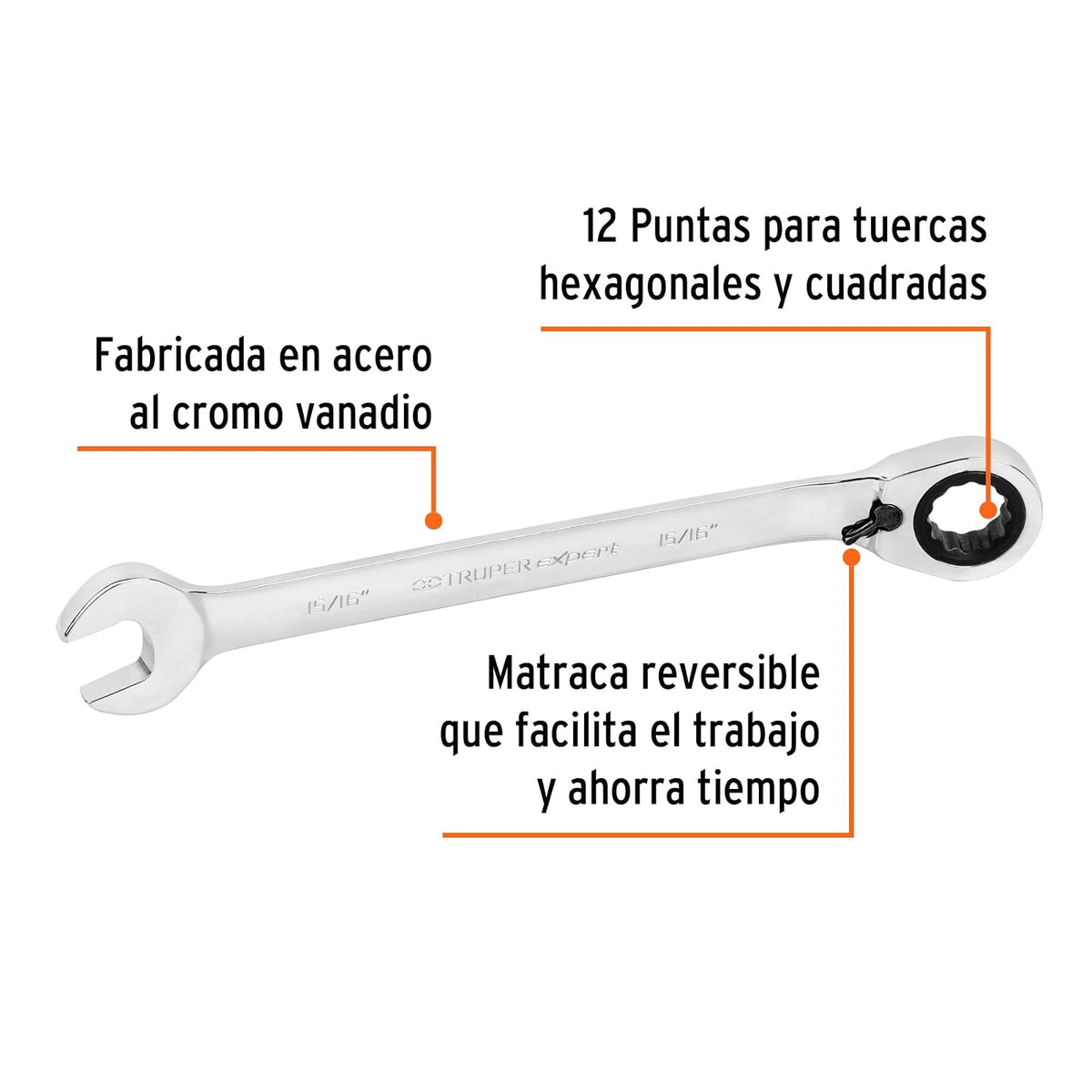 Truper Expert LL-2030XR, Llave combinada matraca reversible 15/16"x 332mm de largo