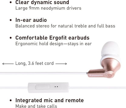 Panasonic ErgoFit - Auriculares con Cable con micrófono, 3.5 mm Jack con micrófono y Driver de Llamadas, Auriculares ergonómicos de Ajuste Personalizado (S/M/L), para teléfonos y portátiles