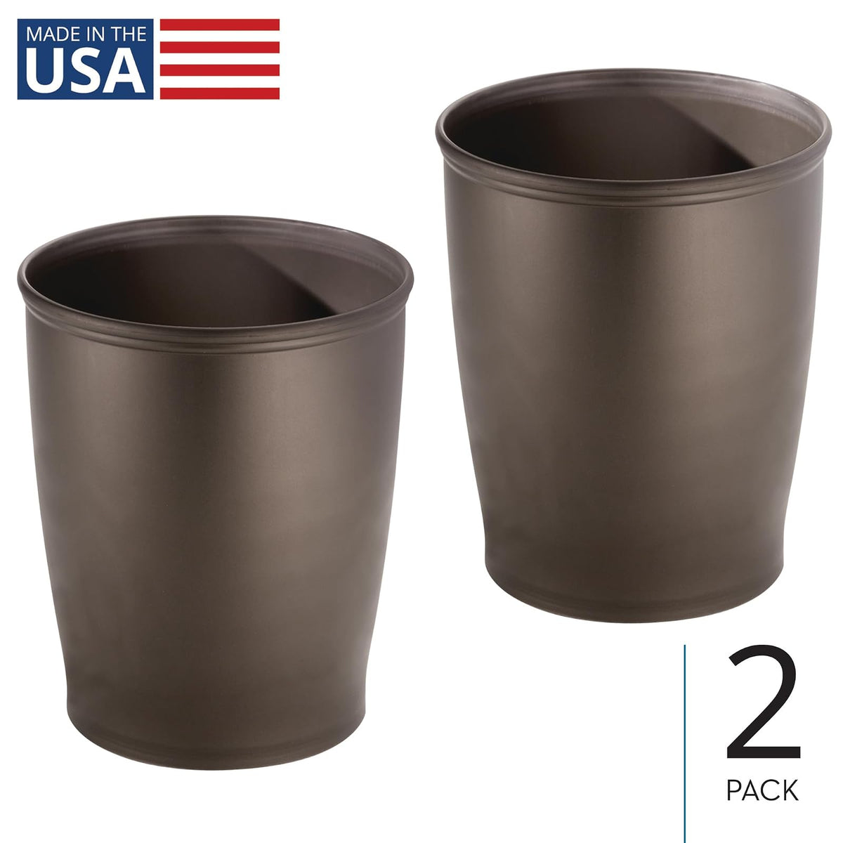 InterDesign Kent Plastic Wastebasket Small Round Plastic Trash Can for Bathroom, Bedroom, Dorm, College, Office, Set of 2, Bronze