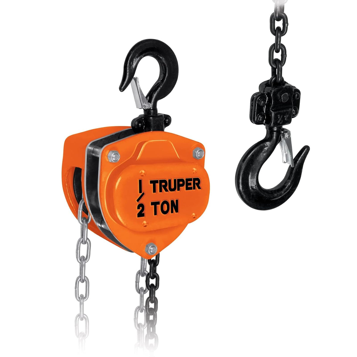 Truper POL-1/2, Polipasto de 1/2 ton, ganchos forjados en acero al cromo con giro de 360°