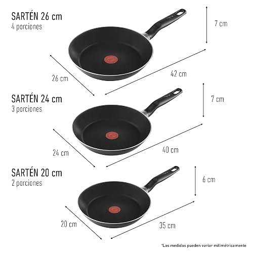 T-FAL Juego de sartenes easy cook negro cubierta antiadherente para una cocina fácil con indicador de calor thermo-señal y base de difusión. Medidas de sartén 20, 24 y 26 cm, B4440482AMAM