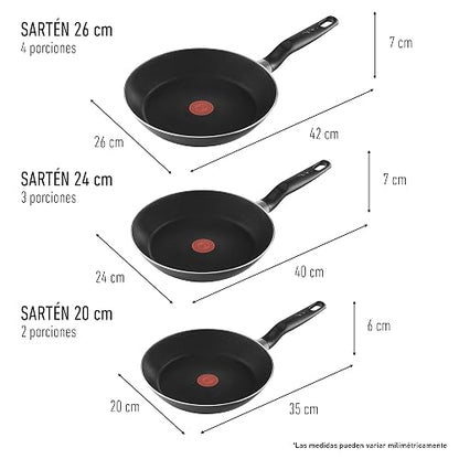T-FAL Juego de sartenes easy cook negro cubierta antiadherente para una cocina fácil con indicador de calor thermo-señal y base de difusión. Medidas de sartén 20, 24 y 26 cm, B4440482AMAM