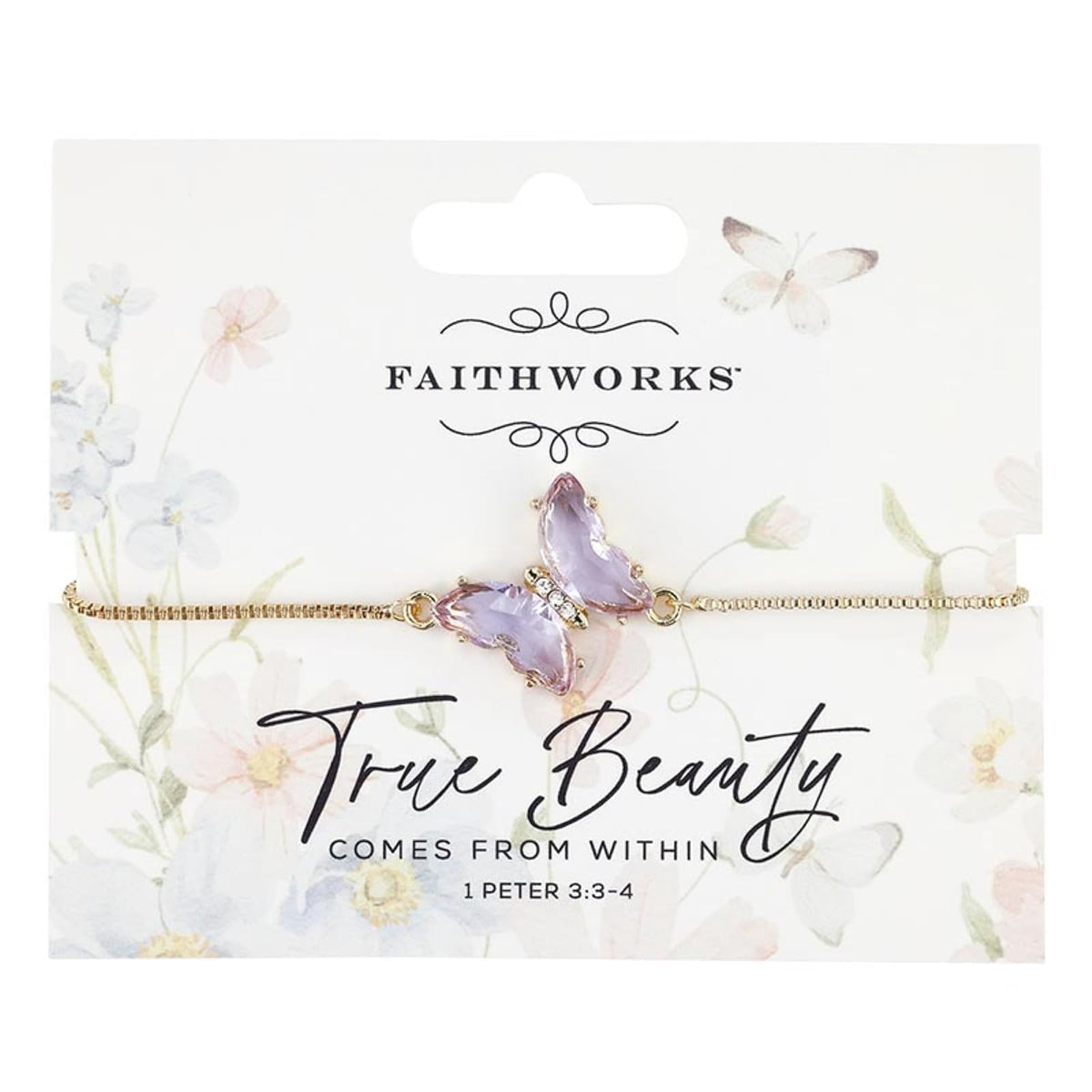 Faithworks Christian Jewelry – Pulsera de mariposa esmaltada en tono dorado y tono dorado, ajustable, morado