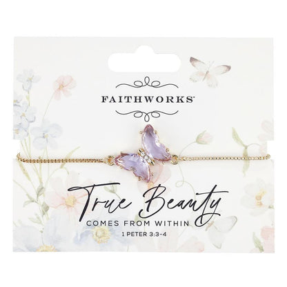 Faithworks Christian Jewelry – Pulsera de mariposa esmaltada en tono dorado y tono dorado, ajustable, morado