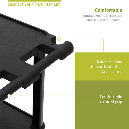 Pearington Carro Multiusos Compacto de plástico de 3 Niveles con Ruedas bloqueables de hasta 300 Libras, Color Negro