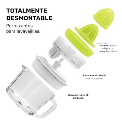 TAURUS CITRIX VER.II | Exprimidor de Cítricos | ÚNICO con Jarra de Vidrio de 1 Litro | Exprimidor de Naranjas | Filtro para Bagazo de 3 niveles | Doble Sentido de Giro | Almacenaje Compacto |Verde