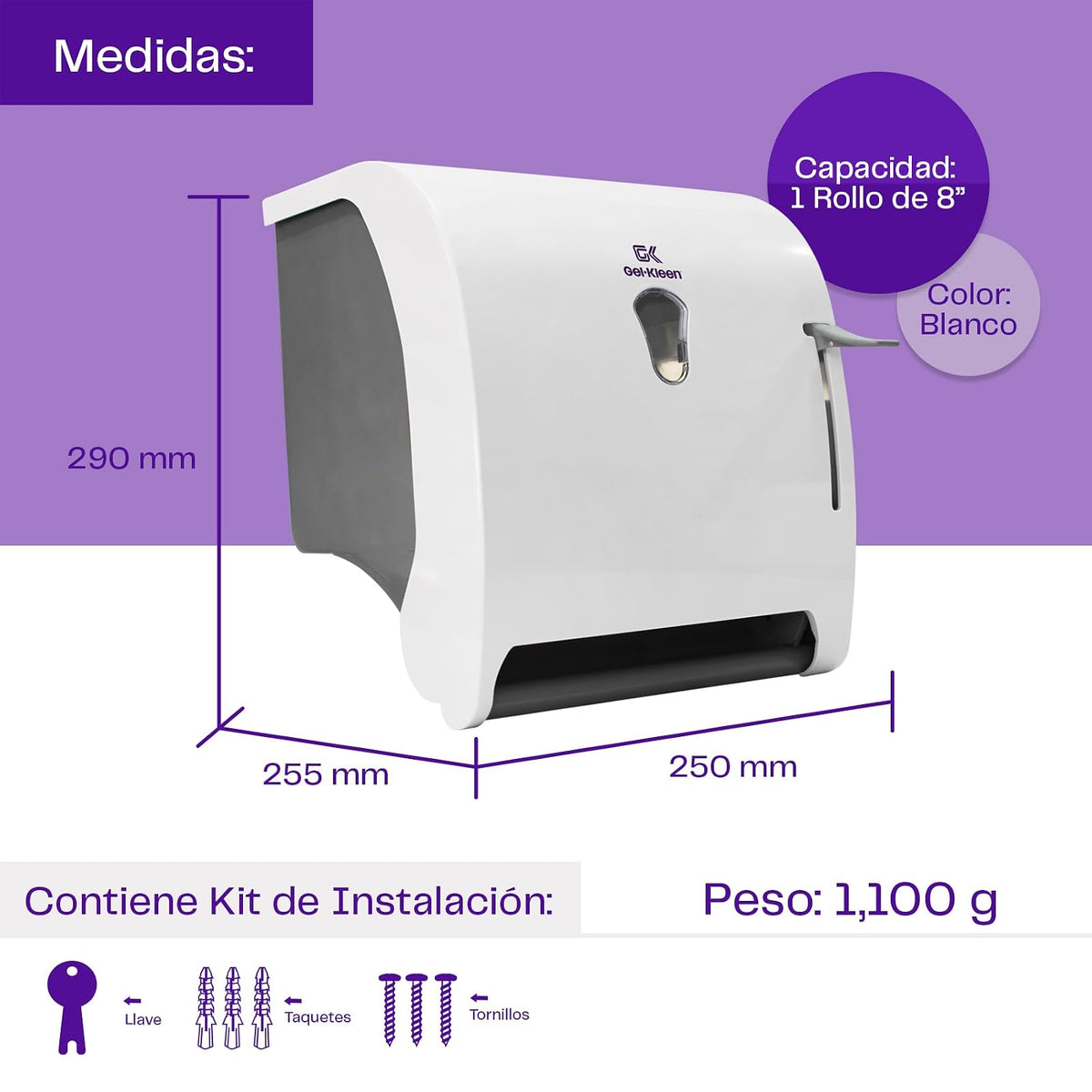 Gel-Kleen Despachador de Toalla en Rollo Premium Blanco para Pared - Dispensador Institucional de Plástico ABS Uso Rudo con Palanca para Rollo de Hasta 180m, Ideal para Baño, Cocina, Negocio y Oficina
