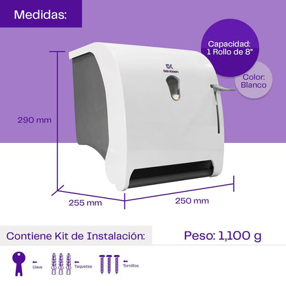 Gel-Kleen Despachador de Toalla en Rollo Premium Blanco para Pared - Dispensador Institucional de Plástico ABS Uso Rudo con Palanca para Rollo de Hasta 180m, Ideal para Baño, Cocina, Negocio y Oficina