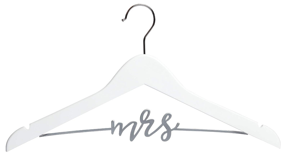 Pearhead Mrs. Percha de Ropa para Vestido de Boda, Elegante Recuerdo de Madera para Novia con Letras de Alambre cursivo, Accesorio Perfecto para Fotos y Regalo para Novia, Blanco y Plateado