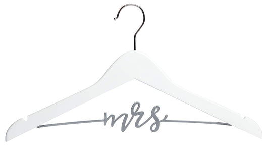 Pearhead Mrs. Percha de Ropa para Vestido de Boda, Elegante Recuerdo de Madera para Novia con Letras de Alambre cursivo, Accesorio Perfecto para Fotos y Regalo para Novia, Blanco y Plateado