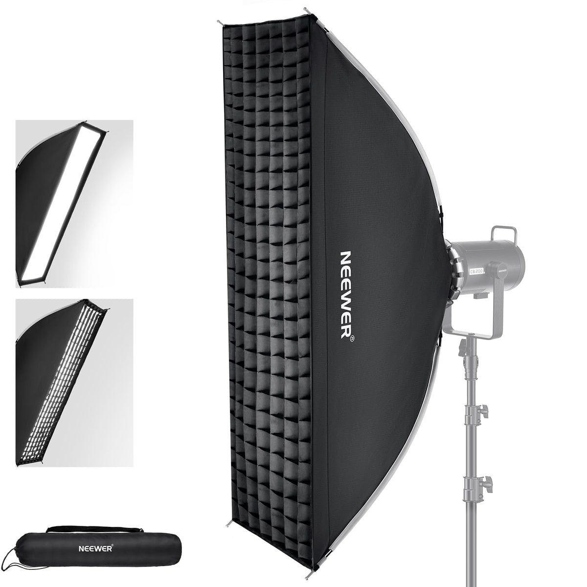 NEEWER 12"x47" Softbox Rectangular Plegable de Configuración Rápida, Bowens Mount con Difusor/Rejilla de Panal/Bolsa, Compatible con Godox Aputure 120d Luz Vídeo Q4 Flash Estroboscópico Estudio, NS17S