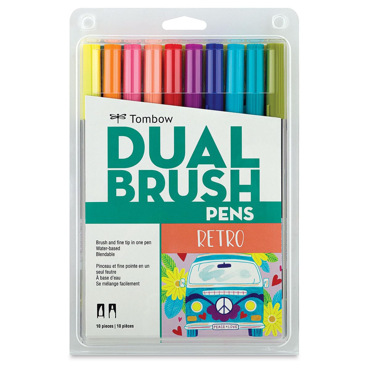 Tombow 56217 - Rotuladores artísticos de doble pincel, Retro, paquete de 10 Rotuladores de punta fina y brocha