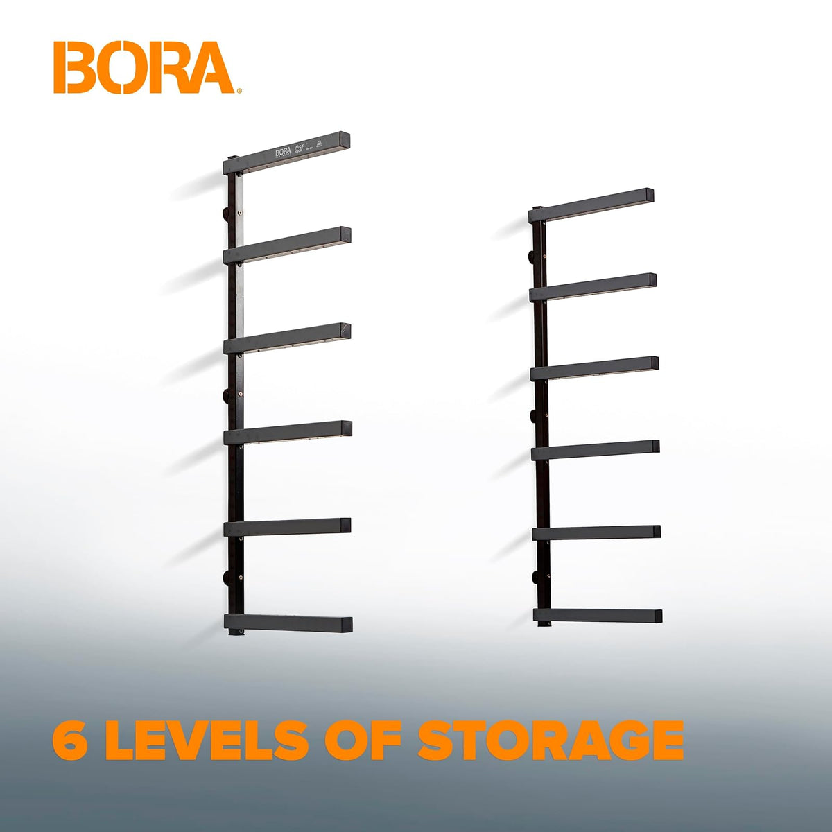 Bora Portamate - Organizador de madera y estante de metal para almacenamiento de madera con soporte de pared de 6 niveles, uso en interiores y exteriores, PBR-006B