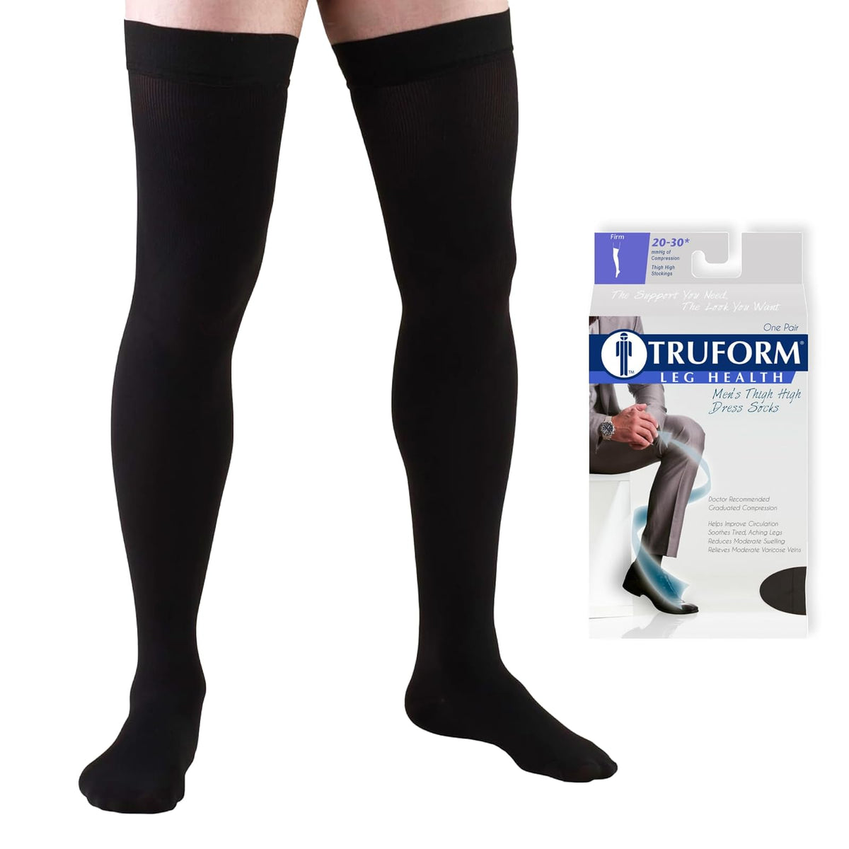 Truform Compression Socks, 20-30 Mmhg, Men's Dress Socks, Thigh High Over Knee Length Black, Pack of 1