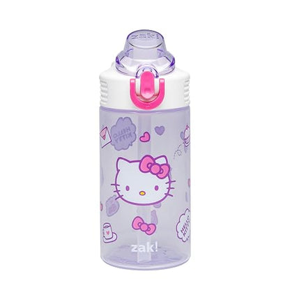 Zak Designs Sanrio Sage - Botella de agua para niños para la escuela o los viajes, botella de agua de plástico duradera de 16 onzas con popote, mango y a prueba de fugas, cubierta de boquilla