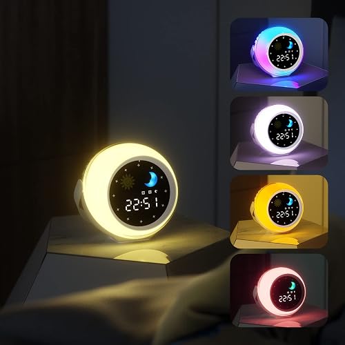 Reloj Despertador para niños para decoración de recámara, Reloj Digital para niños pequeños con Salida del Sol y Luna, máquina de Sonido de Ruido Blanco y luz Nocturna para niña/niño, Entrenador de