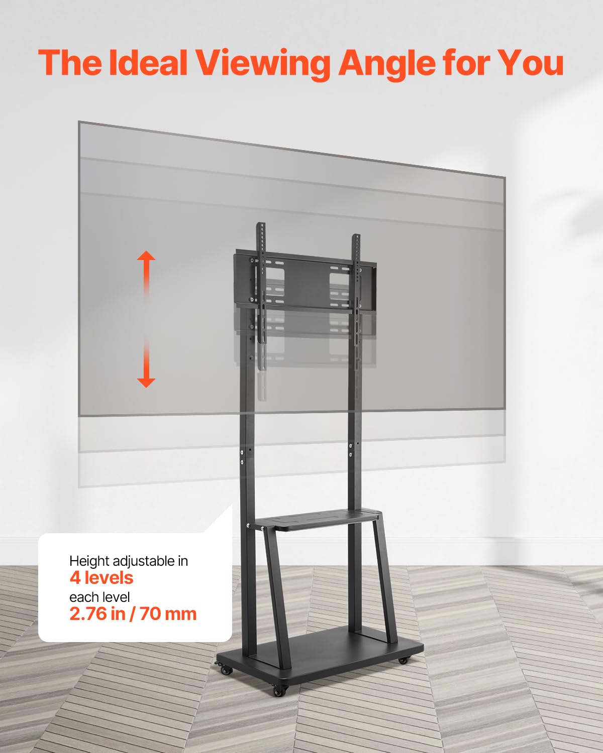 VEVOR Soporte de TV Móvil con Ruedas para Televisores de 812,8-1905 mm y hasta 68,04 kg, Soporte de Monitor Portátil de Altura Ajustable con Estante para Salón y Oficina (máx. VESA 600 x 400 mm)