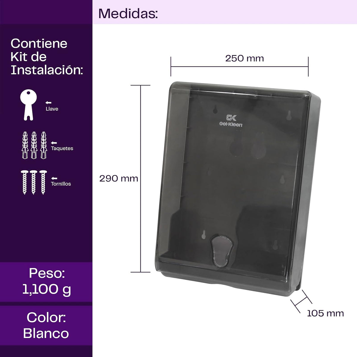 Gel Kleen Despachador de Toalla Interdoblada Humo para Pared - Dispensador Institucional de Plástico ABS Gran Capacidad (500 Toallas Interfoliadas, Z o Sanitas) para Baño, Cocina, Negocio y Oficina