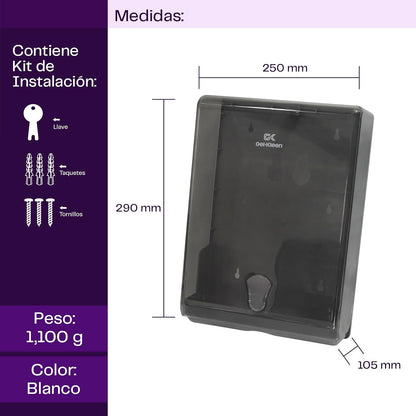 Gel Kleen Despachador de Toalla Interdoblada Humo para Pared - Dispensador Institucional de Plástico ABS Gran Capacidad (500 Toallas Interfoliadas, Z o Sanitas) para Baño, Cocina, Negocio y Oficina