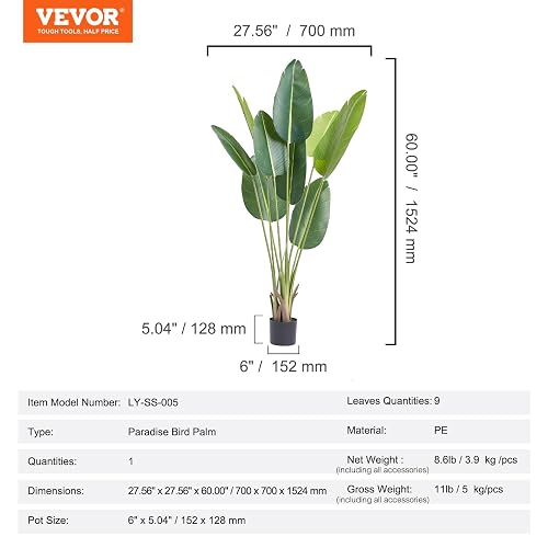 VEVOR Árbol Artificial 1524 mm Planta Artificial PE Palmera Pájaro Paraíso Árbol Verde Falso con Maceta 152x128 mm Decoración de Plantas Falsas para Hogar Oficina Centros Comerciales Interior Exterior