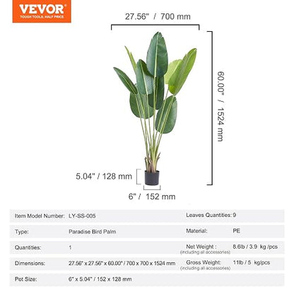 VEVOR Árbol Artificial 1524 mm Planta Artificial PE Palmera Pájaro Paraíso Árbol Verde Falso con Maceta 152x128 mm Decoración de Plantas Falsas para Hogar Oficina Centros Comerciales Interior Exterior